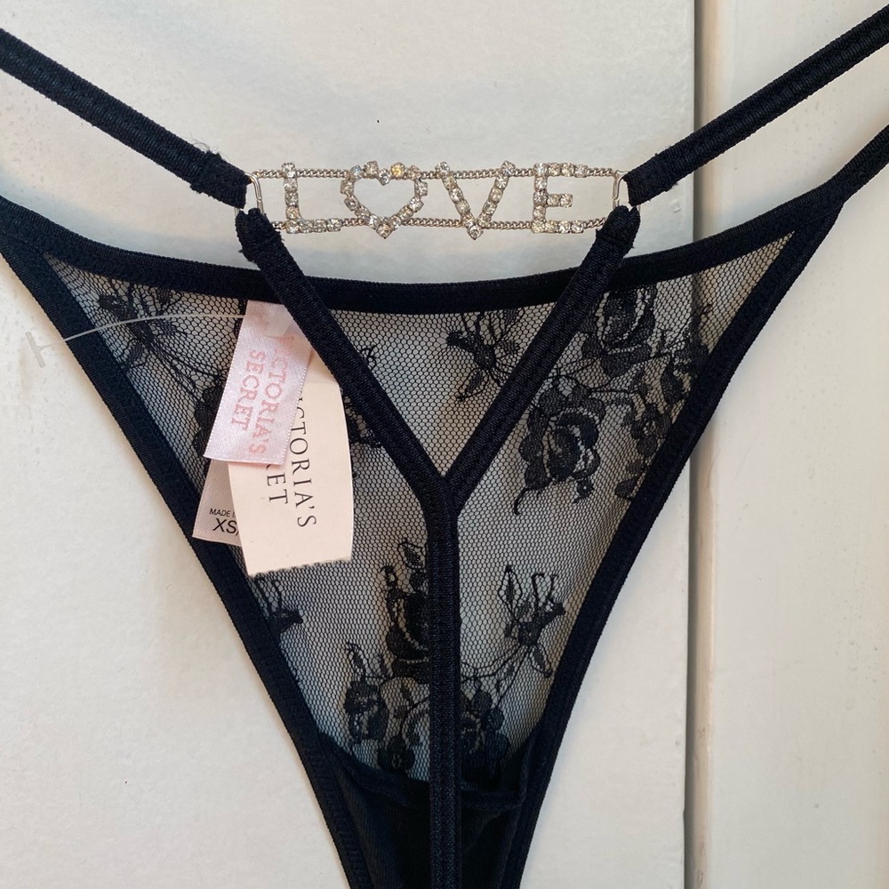 Victoria's Secret Black Lace Thong with Rhinestone LOVE Accent, size  XS/S
